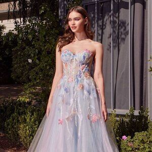 NEW FORMAL LONG SLEEVELESS STRAPLESS FLORAL PROM DRESS W/ SHEER BODICE CD A1383